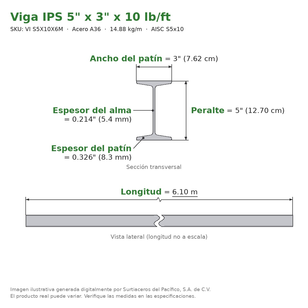 Viga IPS 5" x 3" x 10 lb/ft (14.88 kg/m) x 6.10 m - Acero A36 (patín 0.21") - sección transversal
