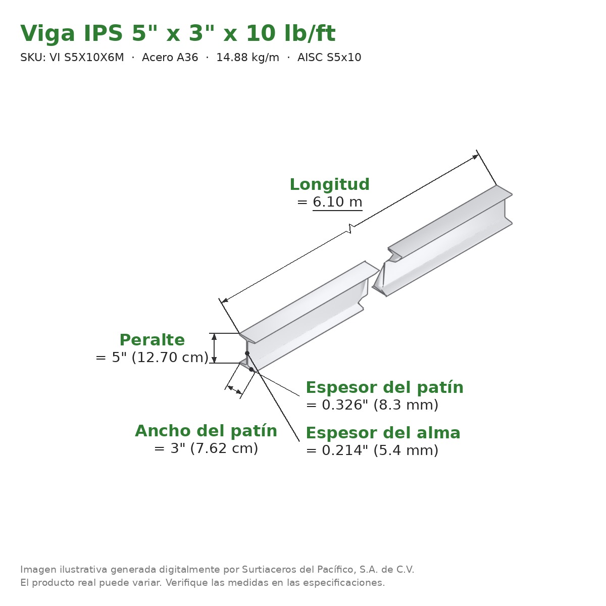 Viga IPS 5" x 3" x 10 lb/ft (14.88 kg/m) x 6.10 m - Acero A36 (patín 0.21") - medidas