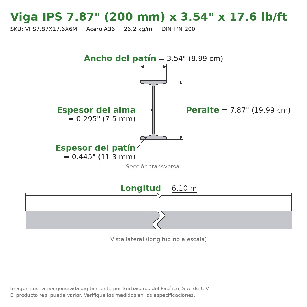 Viga IPS 7.87" (200 mm) x 3.54" x 17.6 lb/ft (26.2 kg/m) x 6.10 m - Acero A36 (patín 0.27") - sección transversal