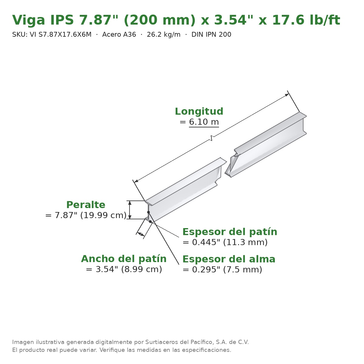 Viga IPS 7.87" (200 mm) x 3.54" x 17.6 lb/ft (26.2 kg/m) x 6.10 m - Acero A36 (patín 0.27") - medidas