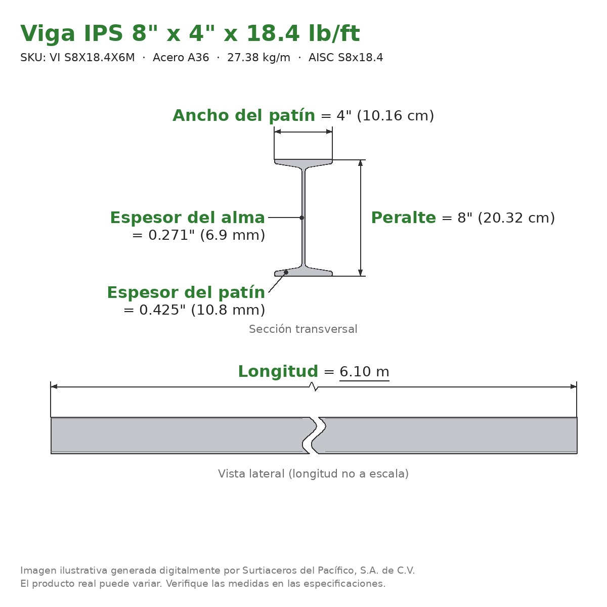 Viga IPS 8" x 4" x 18.4 lb/ft (27.38 kg/m) x 6.10 m - Acero A36 (patín 0.27") - sección transversal