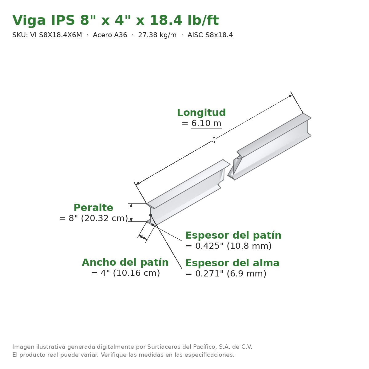 Viga IPS 8" x 4" x 18.4 lb/ft (27.38 kg/m) x 6.10 m - Acero A36 (patín 0.27") - medidas