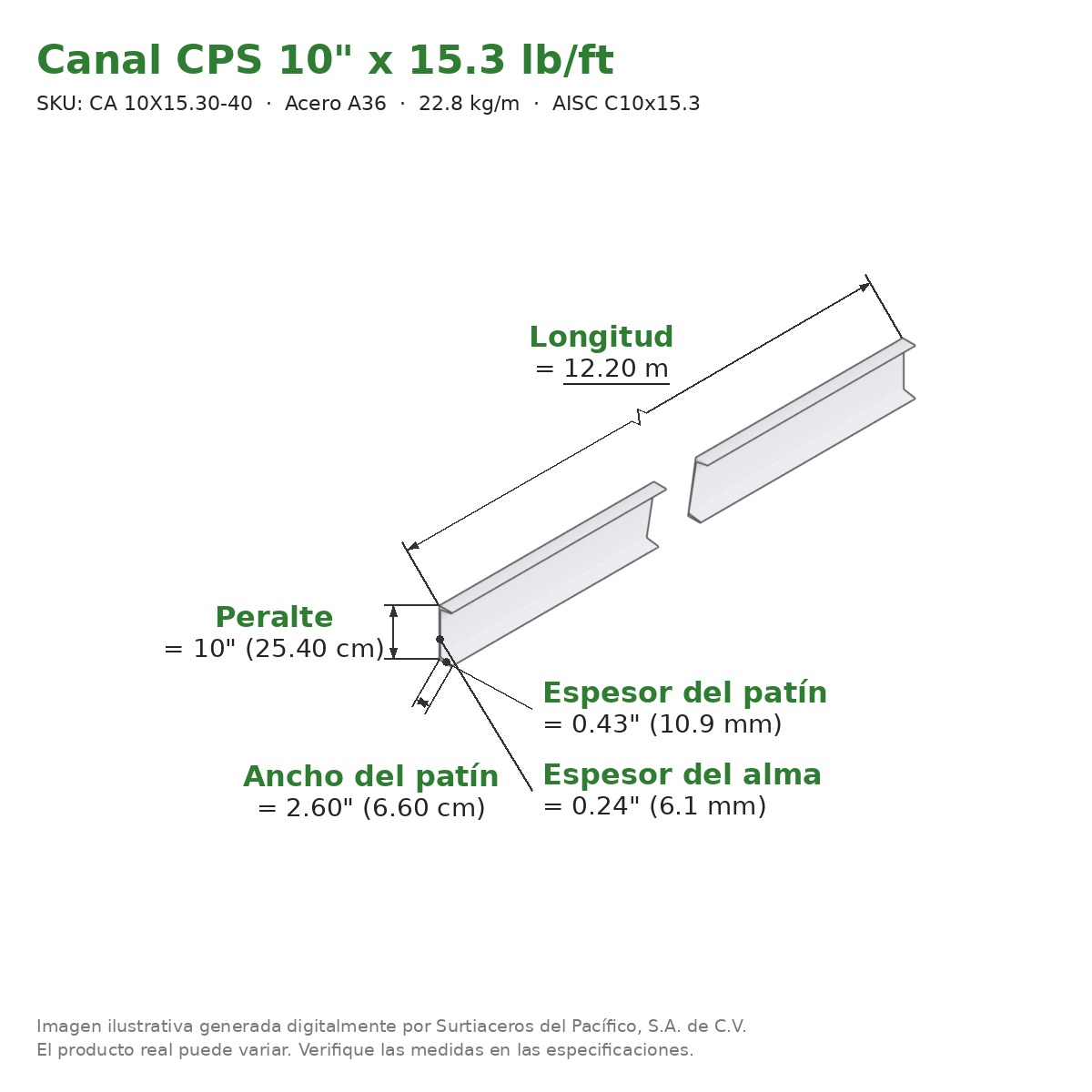 Canal CPS 10" x 2.60" x 15.3 lb/ft (22.8 kg/m) x 12.20 m - Acero A36 (patín 0.43", alma 0.24") - medidas