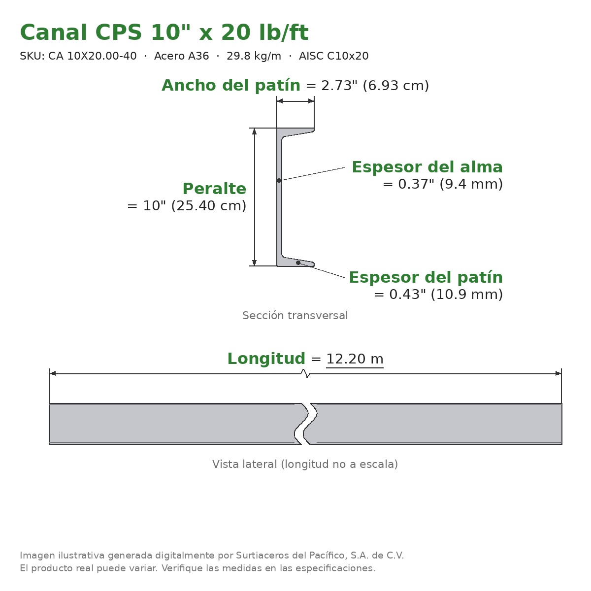Canal CPS 10" x 2.73" x 20 lb/ft (29.8 kg/m) x 12.20 m - Acero A36 (patín 0.43", alma 0.37") - sección transversal