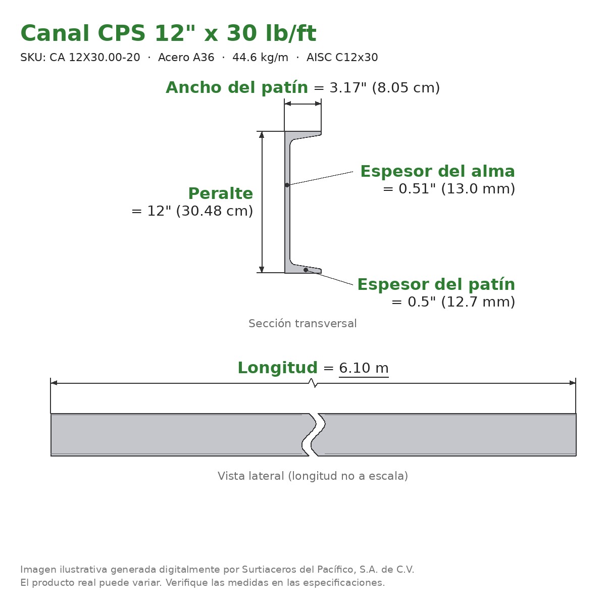 Canal CPS 12" x 3.17" x 30 lb/ft (44.6 kg/m) x 6.10 m - Acero A36 (patín 0.5", alma 0.51") - sección transversal