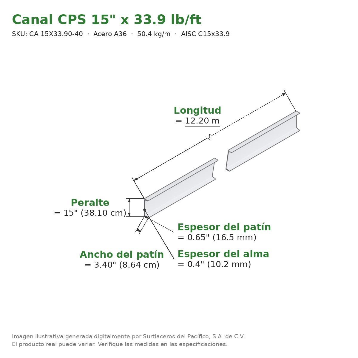 Canal CPS 15" x 3.40" x 33.9 lb/ft (50.4 kg/m) x 12.20 m - Acero A36 (patín 0.65", alma 0.4") - medidas