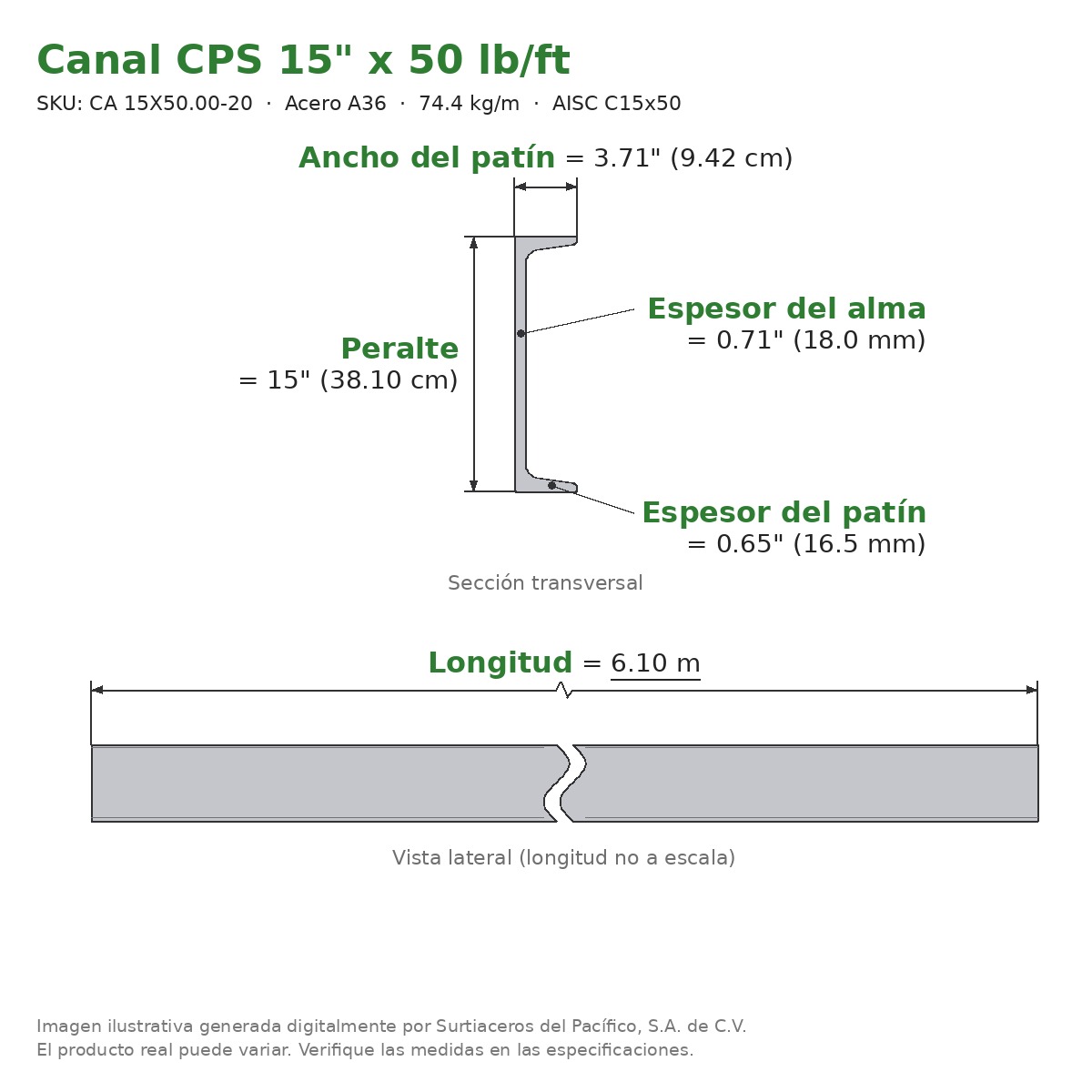Canal CPS 15" x 3.71" x 50 lb/ft (74.4 kg/m) x 6.10 m - Acero A36 (patín 0.65", alma 0.71") - sección transversal