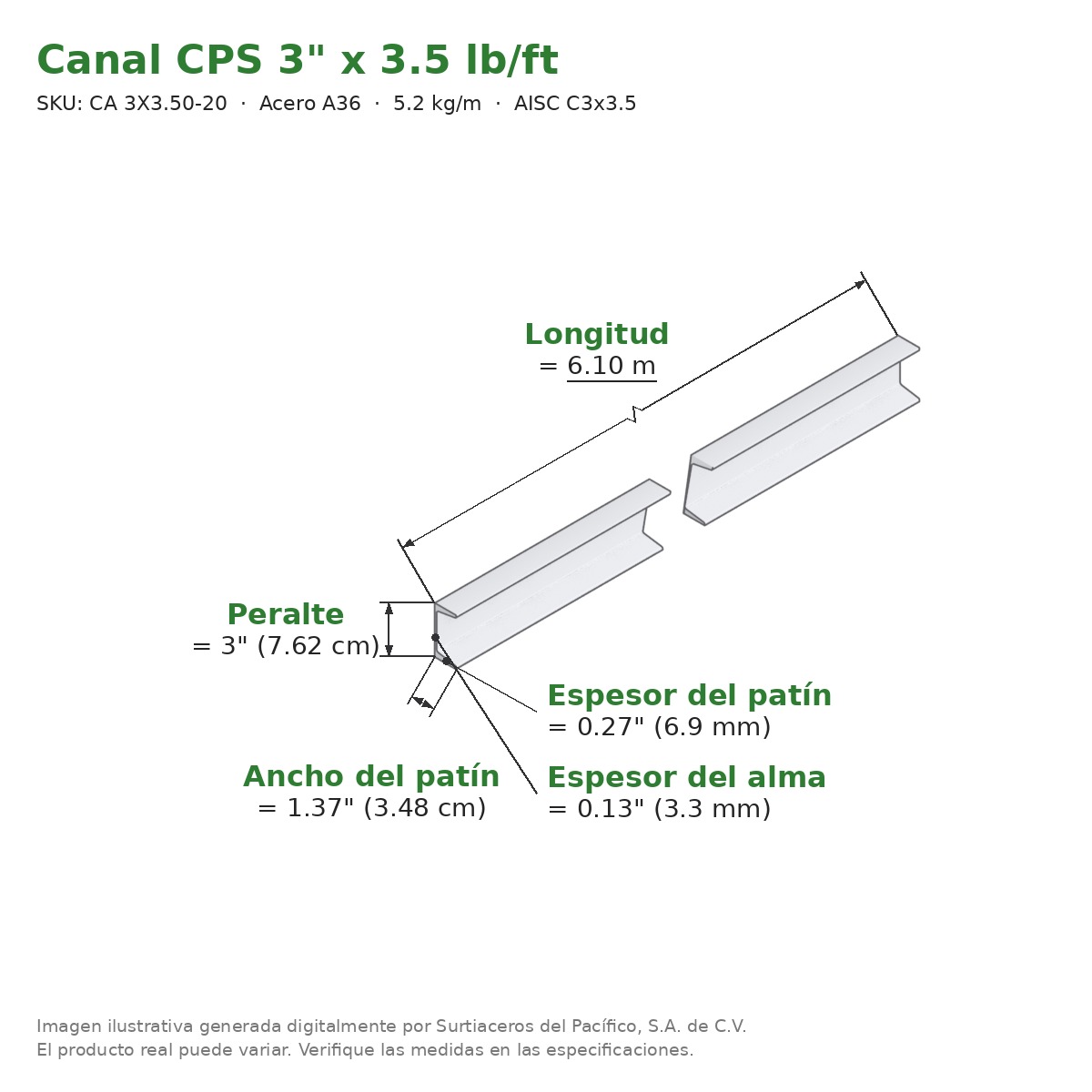 Canal CPS 3" x 1.37" x 3.5 lb/ft (5.2 kg/m) x 6.10 m - Acero A36 (patín 0.27", alma 0.13") - medidas