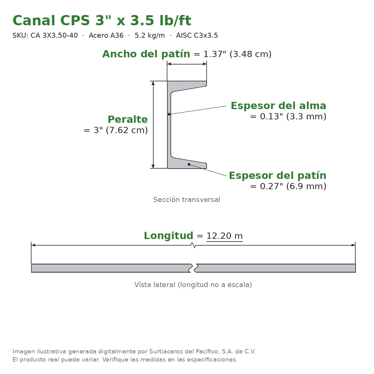 Canal CPS 3" x 1.37" x 3.5 lb/ft (5.2 kg/m) x 12.20 m - Acero A36 (patín 0.27", alma 0.13") - sección transversal