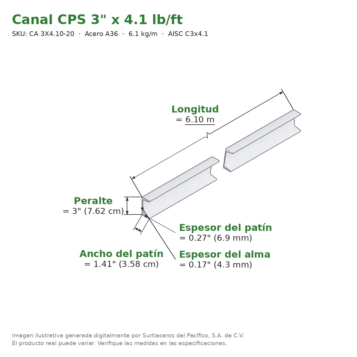 Canal CPS 3" x 1.41" x 4.1 lb/ft (6.1 kg/m) x 6.10 m - Acero A36 (patín 0.27", alma 0.17") - medidas