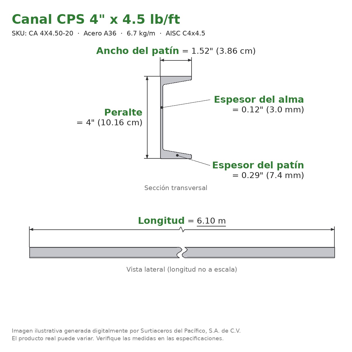 Canal CPS 4" x 1.52" x 4.5 lb/ft (6.7 kg/m) x 6.10 m - Acero A36 (patín 0.29", alma 0.12") - sección transversal