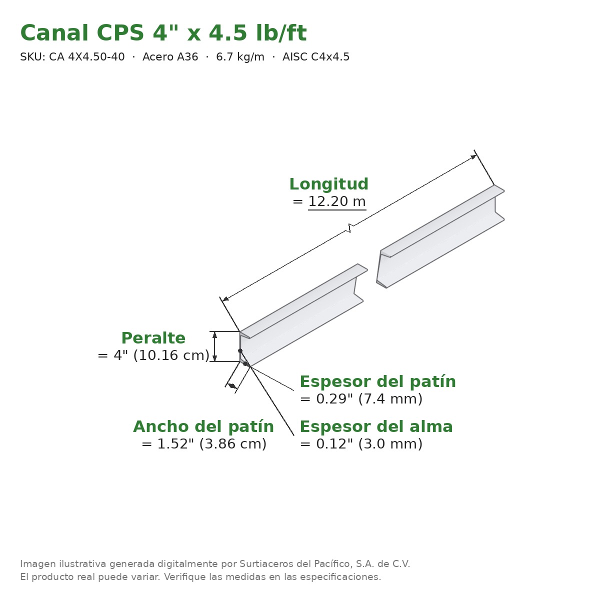 Canal CPS 4" x 1.52" x 4.5 lb/ft (6.7 kg/m) x 12.20 m - Acero A36 (patín 0.29", alma 0.12") - medidas