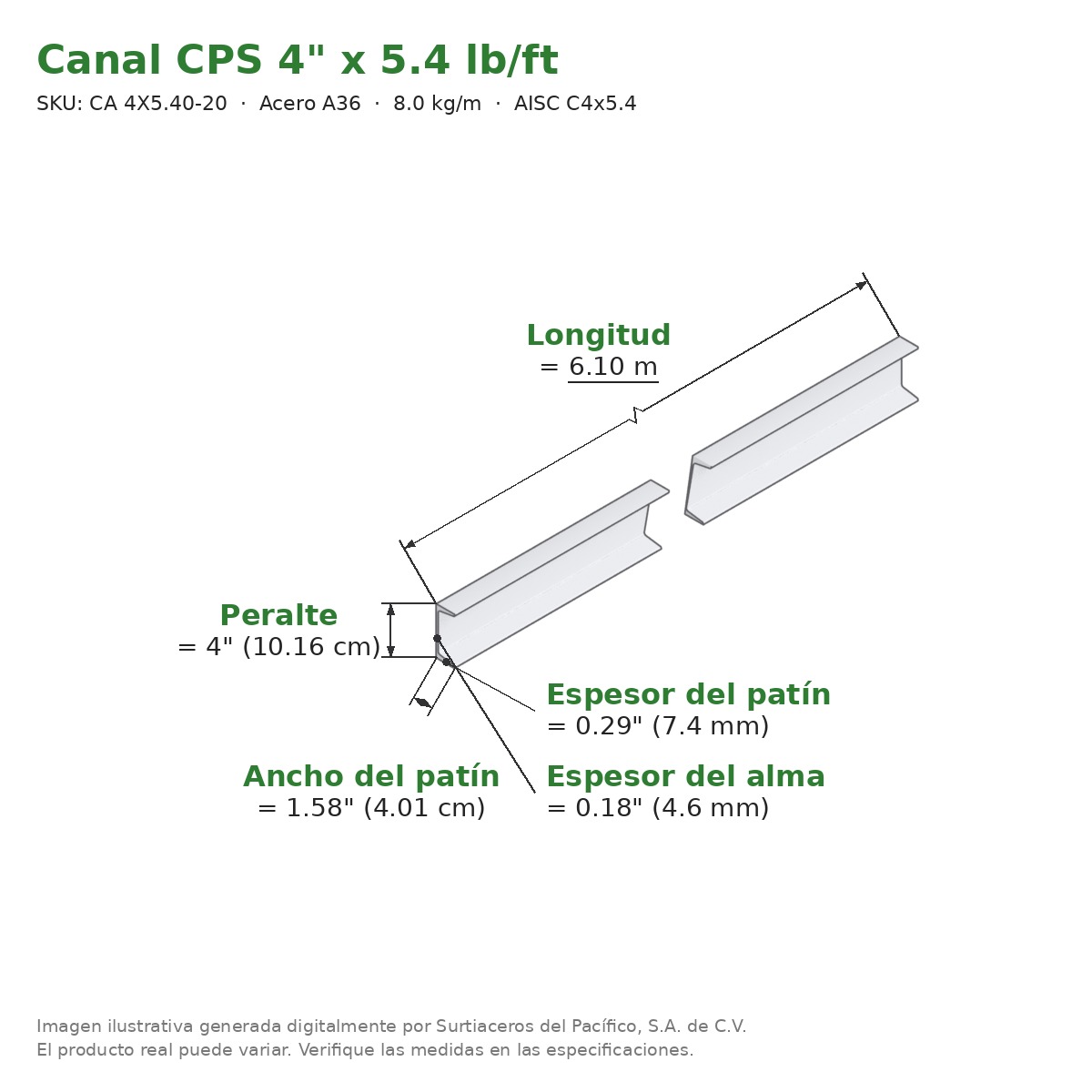 Canal CPS 4" x 1.58" x 5.4 lb/ft (8.0 kg/m) x 6.10 m - Acero A36 (patín 0.29", alma 0.18") - medidas
