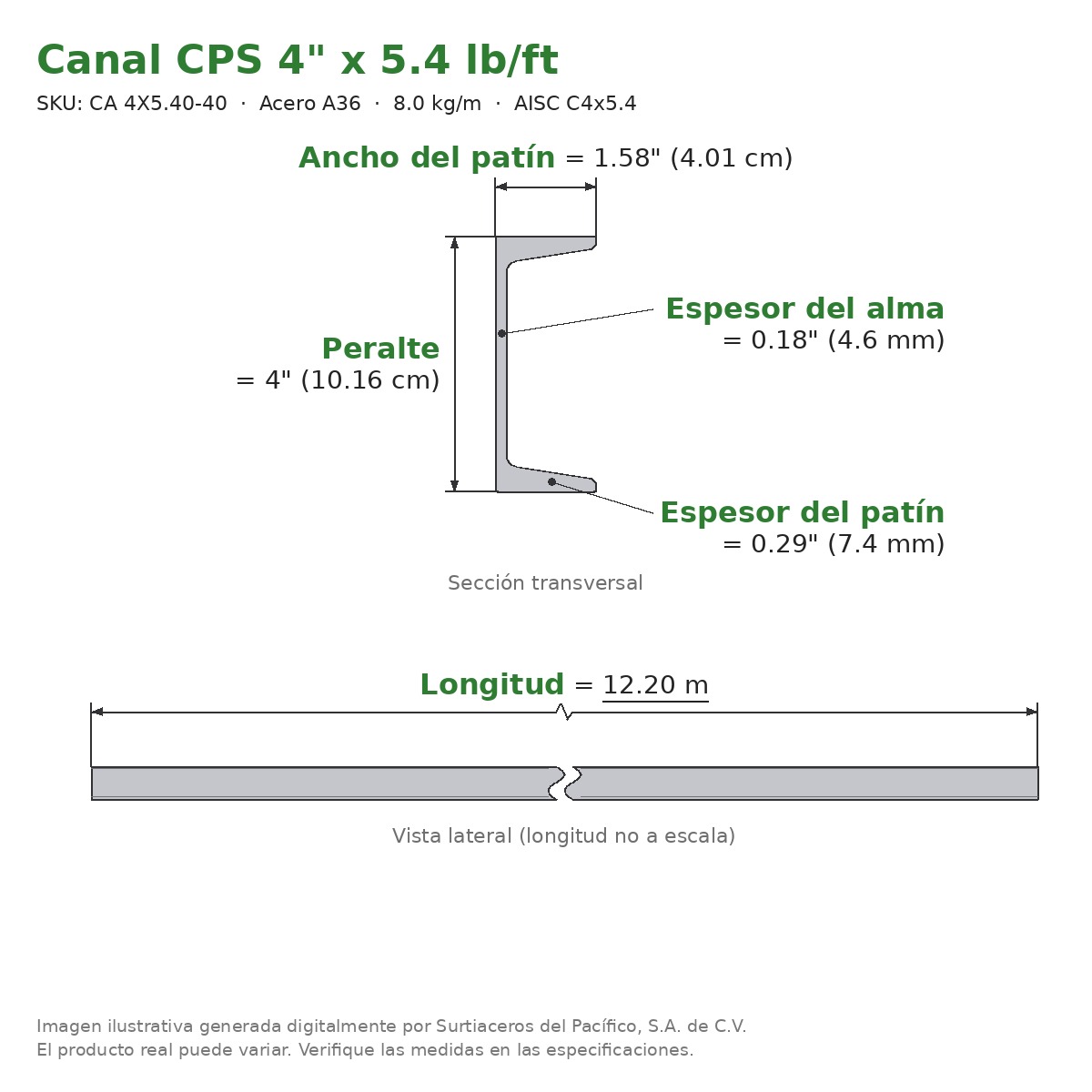 Canal CPS 4" x 1.58" x 5.4 lb/ft (8.0 kg/m) x 12.20 m - Acero A36 (patín 0.29", alma 0.18") - sección transversal