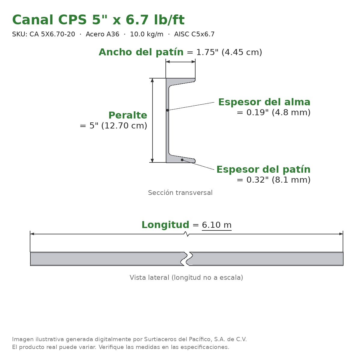 Canal CPS 5" x 1.75" x 6.7 lb/ft (10.0 kg/m) x 6.10 m - Acero A36 (patín 0.32", alma 0.19") - sección transversal