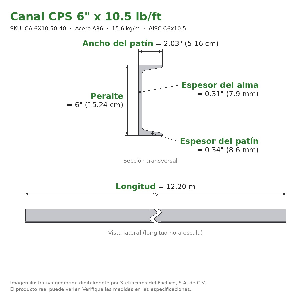 Canal CPS 6" x 2.03" x 10.5 lb/ft (15.6 kg/m) x 12.20 m - Acero A36 (patín 0.34", alma 0.31") - sección transversal
