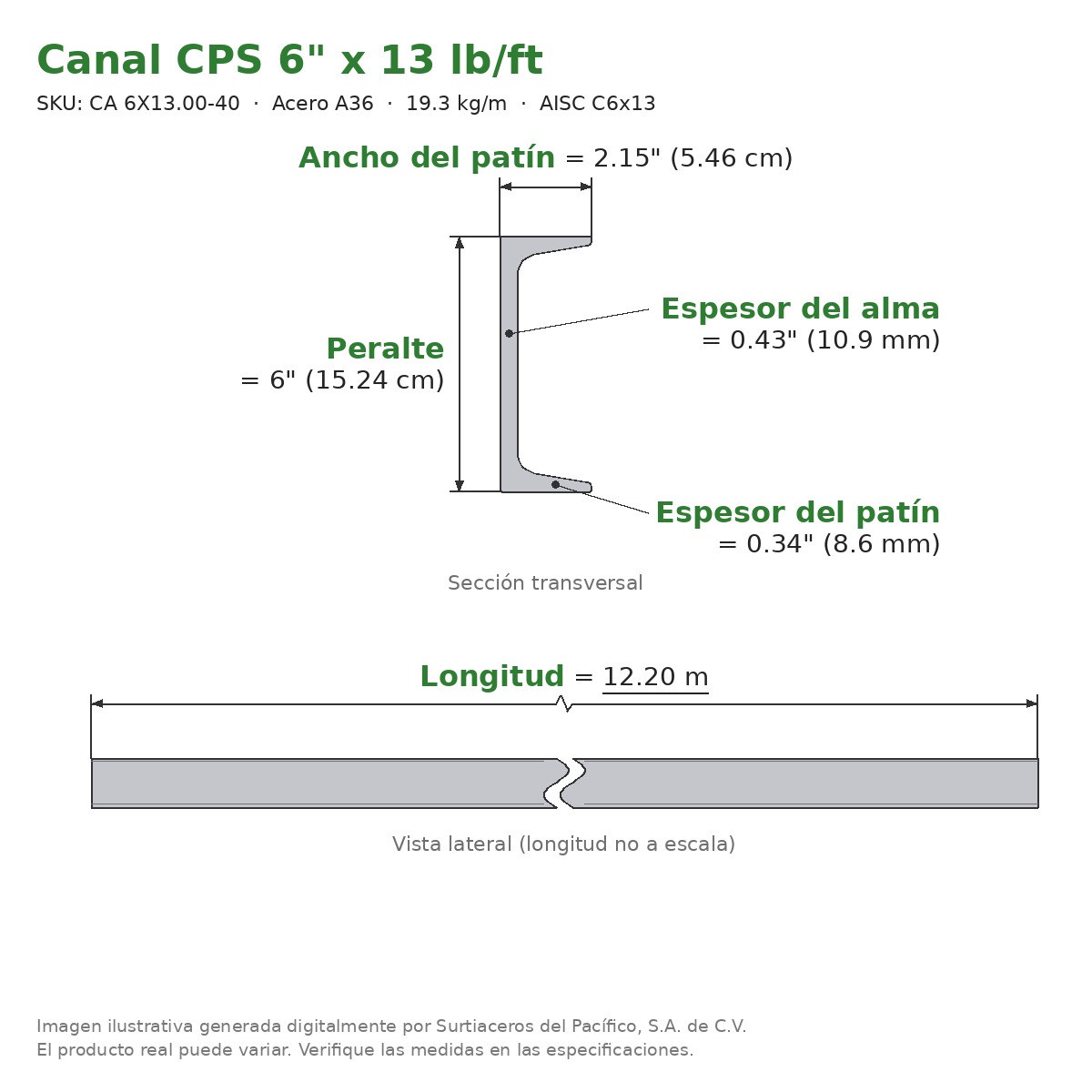 Canal CPS 6" x 2.15" x 13 lb/ft (19.3 kg/m) x 12.20 m - Acero A36 (patín 0.34", alma 0.43") - sección transversal