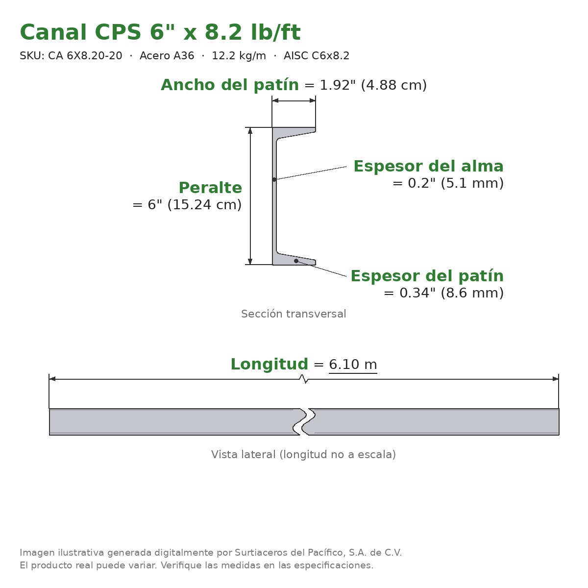 Canal CPS 6" x 1.92" x 8.2 lb/ft (12.2 kg/m) x 6.10 m - Acero A36 (patín 0.34", alma 0.2") - sección transversal