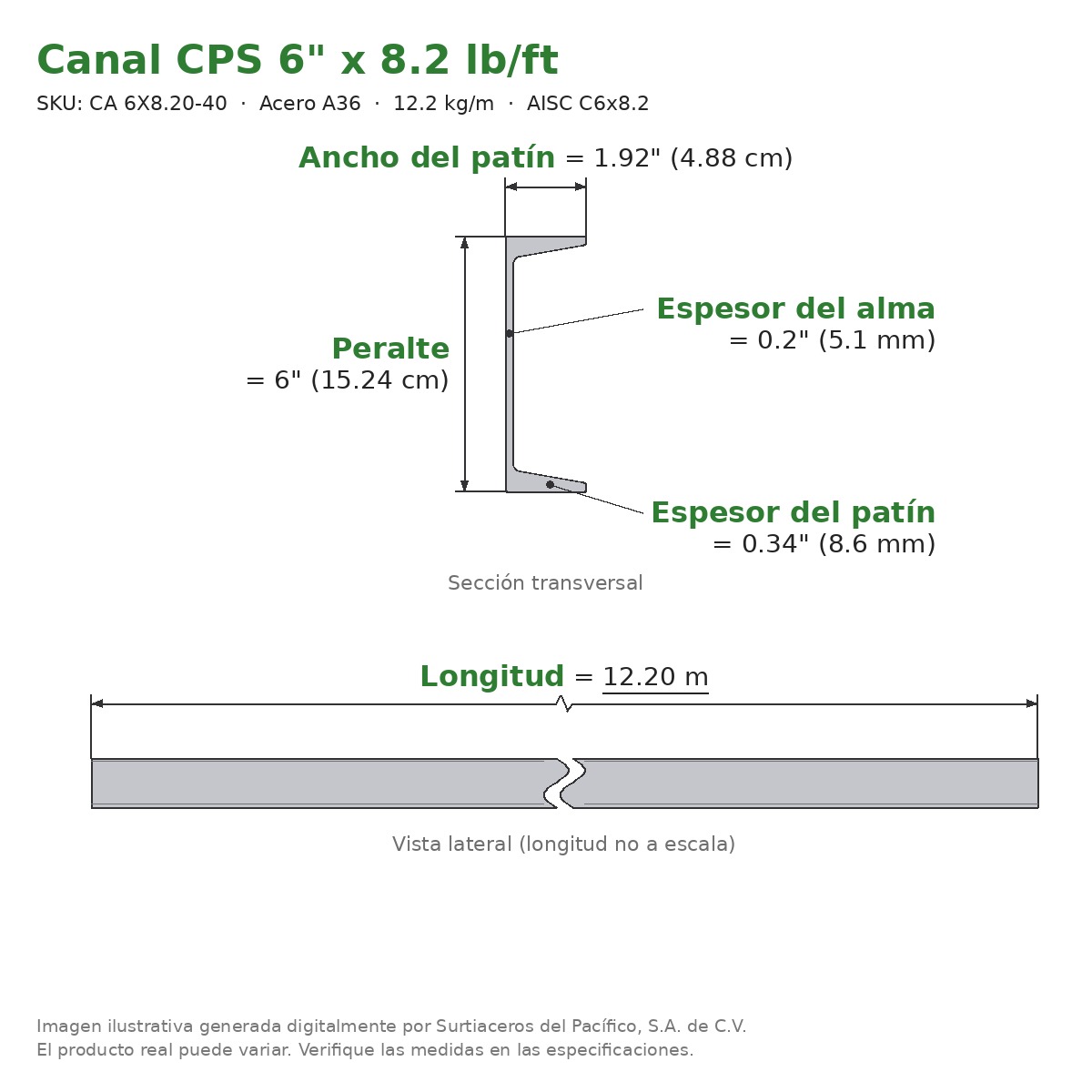 Canal CPS 6" x 1.92" x 8.2 lb/ft (12.2 kg/m) x 12.20 m - Acero A36 (patín 0.34", alma 0.2") - sección transversal