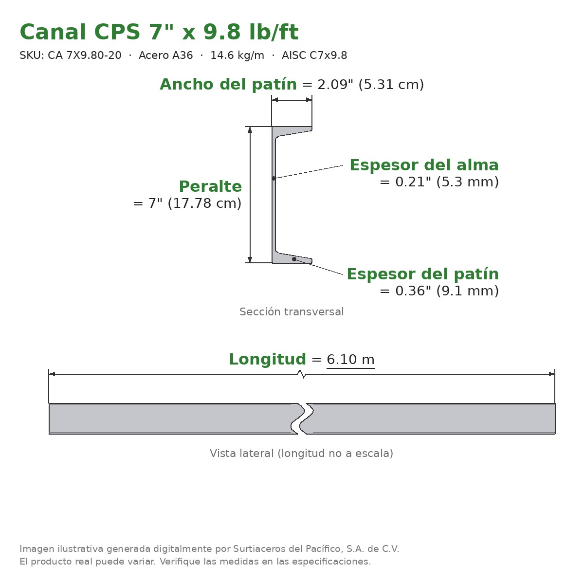 Canal CPS 7" x 2.09" x 9.8 lb/ft (14.6 kg/m) x 6.10 m - Acero A36 (patín 0.36", alma 0.21") - sección transversal