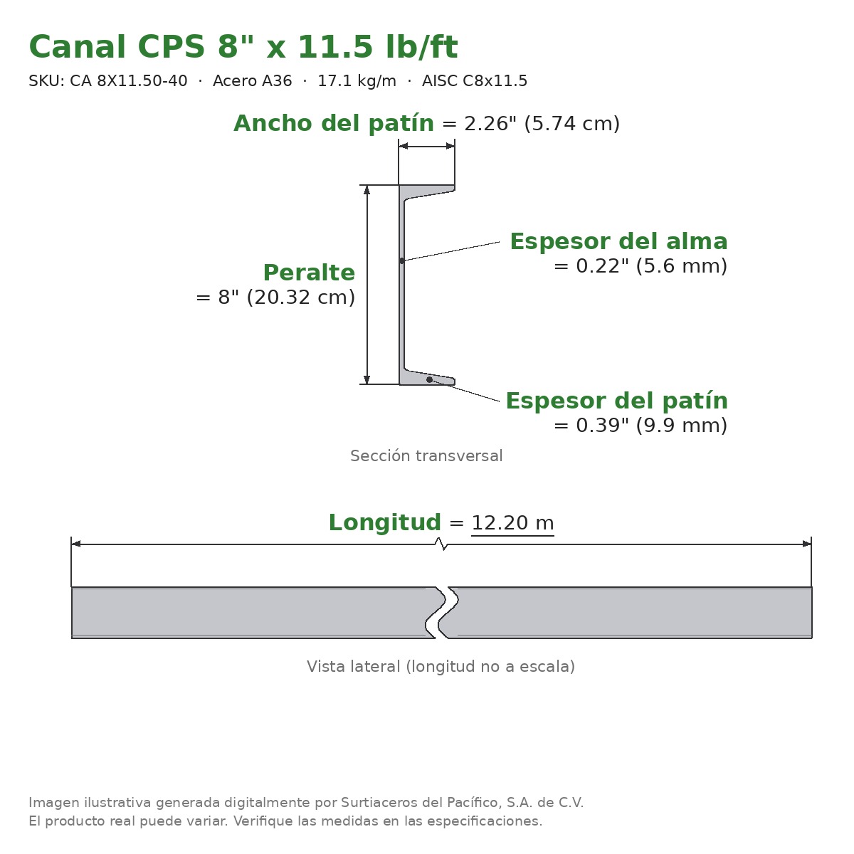 Canal CPS 8" x 2.26" x 11.5 lb/ft (17.1 kg/m) x 12.20 m - Acero A36 (patín 0.39", alma 0.22") - sección transversal